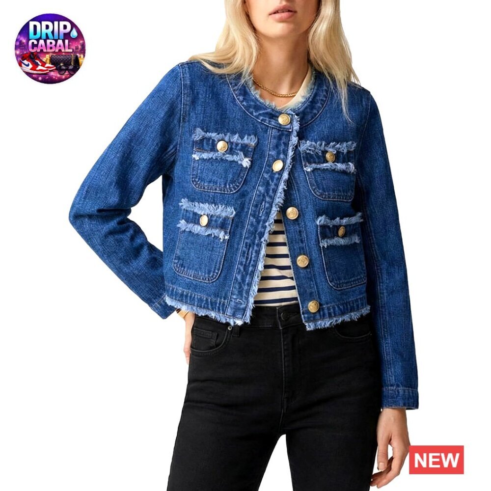 Cropped Denim Jacket Distressed Frayed Collarless Trendy Y2K Chic Button Down